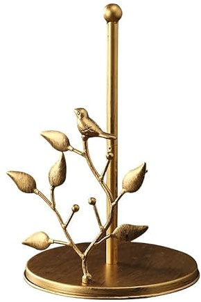 Küchenrollenhalter Stehend Gold, Küchenrollenhalter Stehend, Landhausstil Papierrollenhalter für Küchentheke mit Vogel und AST Dekor, Vintage Design, 18x18x28 cm (Gold)