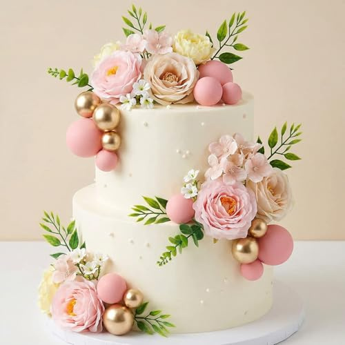 30PCS Cake Decorations Set - Elegant Non-Edible Flower & Ball Cake Toppers | Ideal for Birthday Party, Wedding, Anniversary - Pink and Gold Artificial Flowers for Cake Decorating