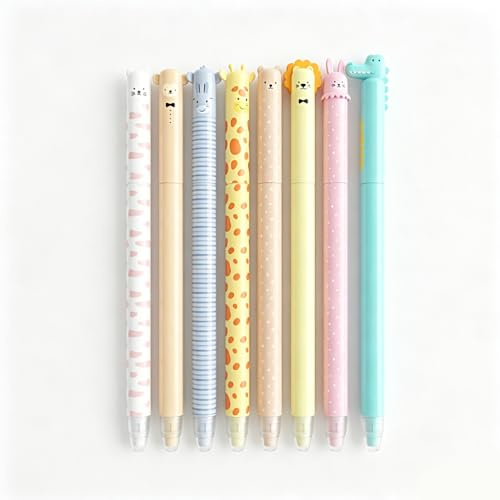 Raderbart kulspetspennset 8 stycken, raderbara pennor barn med djurmotiv, 0,7 mm blått bläck gelpennor raderbara, Kawaii pennor skola och kontorsmaterial, coola rollerball-pennor present för pojkar