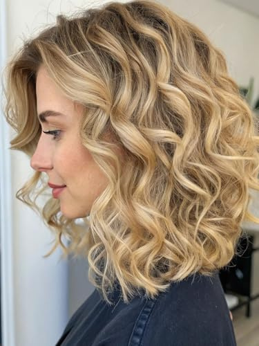 Webshaiy Pre Cut Lace Ombre Honey Blonde Perücke Damen Schulterlange Gewellte Gestufte Bob Wig Perücke mit Pony,Echte Kopfhaut Synthetische Perücken für Dünnes Haar/Grauabdeckung Täglichen Gebrauch