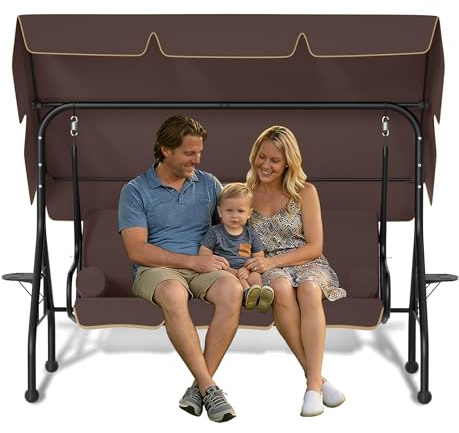 MAYTIIMO 3-Sitzer Hollywoodschaukel mit Liegefunktion, Gartenschaukel mit Sonnendach, Outdoor Schaukelbank bis 350kg belastbar, Garten Schaukel für Garten, Terrasse, Balkon, Pool, Dunkelbraun