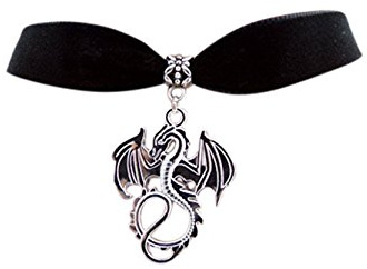 dunns-jewels Classic Gothic Emo Black 16mm Choker Necklace with a 30mm Silver-Plated Dragon