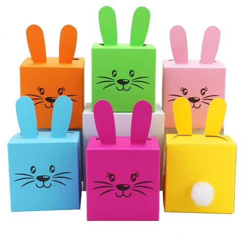 Papierdrachen 12 Geschenkboxen im Osterhasen-Design - Kisten mit Ohren, Pompom und Gesicht - 7cm x 7cm - bunt gemischt - Osternest für Kinder