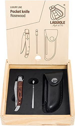Laguiole Style de Vie Coltello tascabile con affilatura in acciaio e custodia in pelle, con manico in Legno Pakka, in confezione regalo
