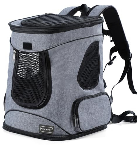 Petsfit Hunderucksack & Katzenrucksack für große Katzen bis 5kg - Leichter Katzen Rucksack mit Netzfenster, Brustgurt & Polster - Atmungsaktiver Rucksack für kleine Hunde, Grau