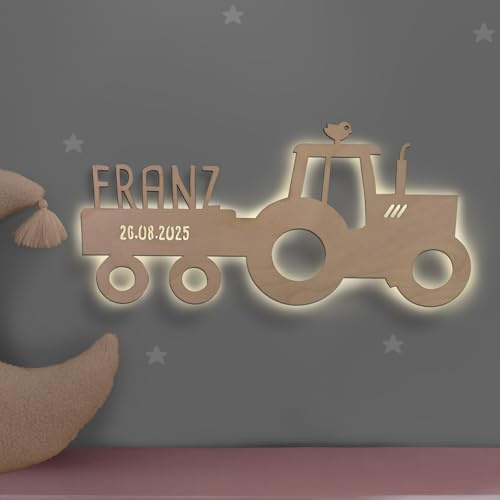 hellomini Personalisierbares LED-Nachtlicht mit Name für Kinder & Babys | Holz-Wandlampe | Schlummerlicht mit Motivwahl – Geschenk zur Geburt & Taufe (Traki der Traktor)
