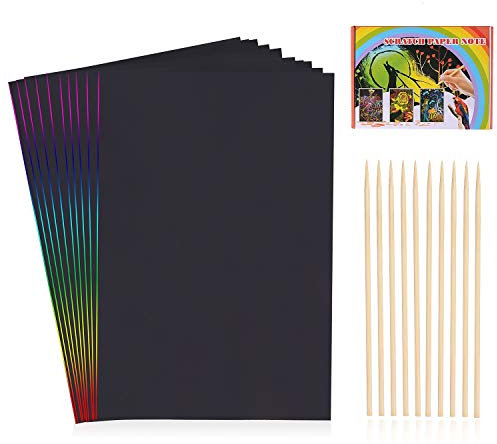 HellDoler Kratzbilder für Kinder,Kratzpapier Kinder 100 Blätter Regenbogen Kratzpapier zum Zeichnen und Basteln mit Schablonen, Holzstiften (100PCS)