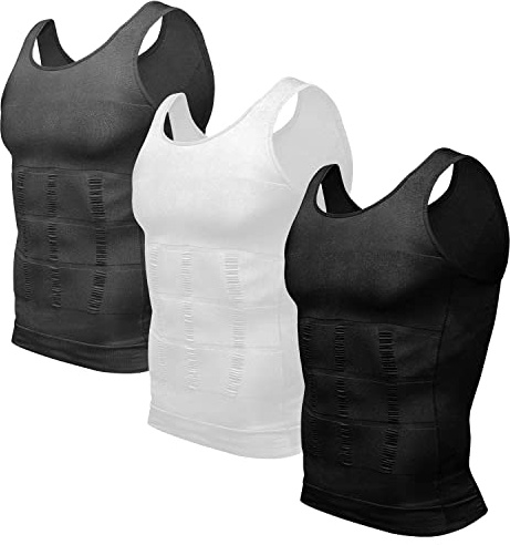 Odoland 3 Packs Men's Body Shaper Base Layer Shirt, Tummy Waist Shirt, Compression Base Layer Muscle Shape wear for Men, Grey/Black/White, M
