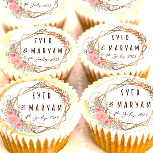 Personalised Nikah Mubarak Cake Toppers - Pre Cut - Edible Icing or Wafer - Wedding Cupcake Decorations - 4cm x 24 (Edible Icing)