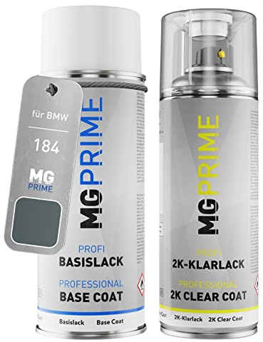 MG PRIME Autolack Set Spraydose für BMW 184 Delphin Metallic + 2K-Klarlack | Delphine Grey Metallic, Set aus Basislack + 2K Klarlack, Sprühdosen 400ml