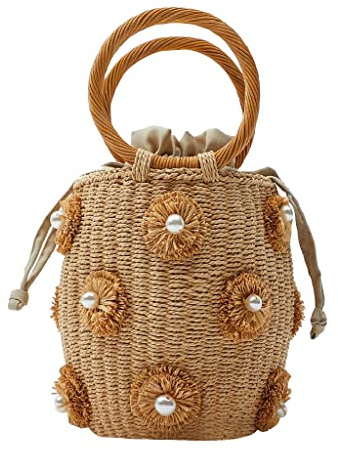 NIBD Flower Pearls Rattan Tote Bag Summer Beach Drawstring Straw Bucket Bag Diamonds Woven Handbag (A Flower)