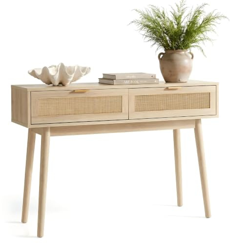 HOPUBUY Console Table Rattan Desk with Drawers, Narrow Sofa Table with Pine Leg, Modern Small Entryway Table for Hallway and Living Room, 39 Rustic Natural