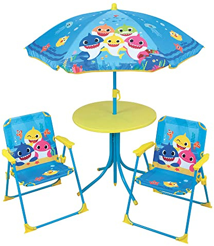 FUN HOUSE Baby Shark Salon de jardin - 1 table H.46xø46 cm, 2 chaises H.53xl.38,5xP.37,5 cm et 1 parasol H.125 x ø100 cm