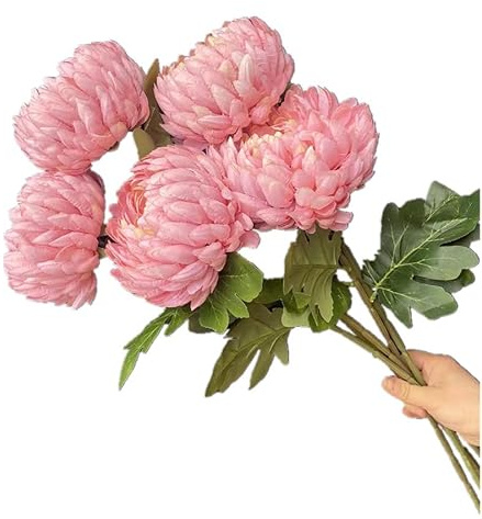 Gladiolus garden 5pcs Faux Round Pineapple Chrysanthemum Flower branch with Green Leaves Artificial Big Callistephus Chinensis for Floral Arrangement (pink)