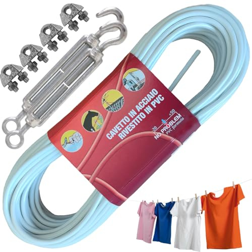 parpyon® Filo per stendere il bucato da esterno 30MT x d.4,5mm Resistente filo stendibiancheria per esterno Made in Italy Cavetto in Acciaio rivestito (Filo+Kit, 30MT)