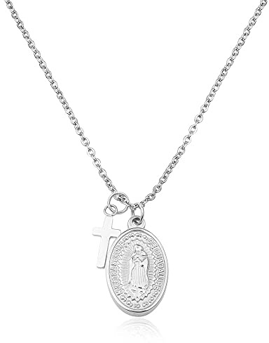 GD GOOD.designs EST. 2015 Collier Marie en Argent pour femmes - Résistant à l'eau - Collier Madonna avec petit pendentif croix en acier inoxydable I Taille réglable 42+5cm
