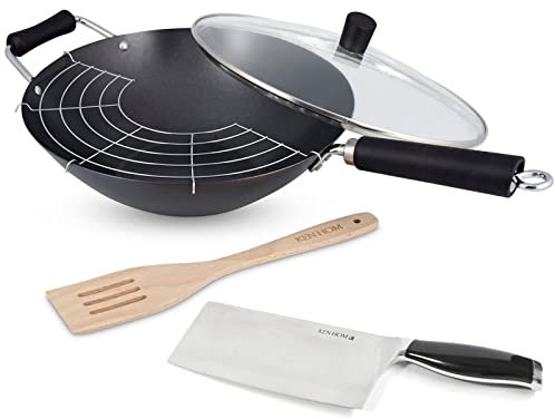 Ken Hom Wok 31 cm Induktion Set 5-teilig - Karbonstahl Antihaft Wokpfanne mit Glasdeckel inkl. Hackmesser 18 cm & Wender - für alle Herdarten geeignet