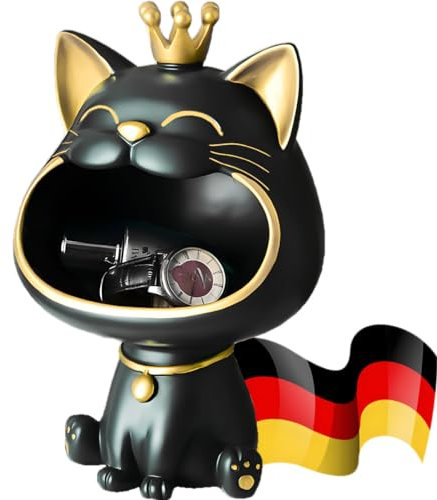 BLOOOK Lachende Katze Figuren Statue,Maneki Neko Fortune Cat Skulptur,Kawaii Deko Katzen Geschenk,Schlüssel Schale,Schmuck Tablett,Modern Deko für Wohnzimmer Home Flur Möbel (Schwarz)