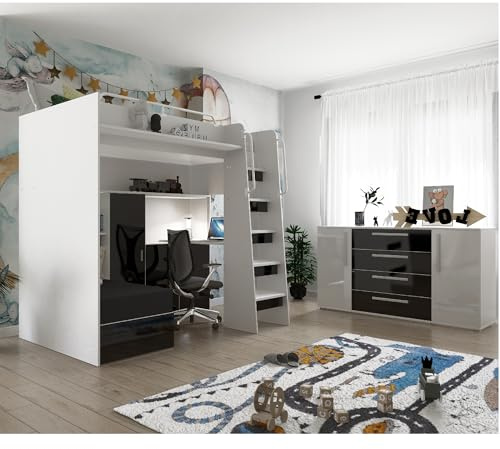 Marlux-Meble Hochbett JSM-7 90x200 TREPPE RECHTS mit Schreibtisch Schränke und Ausklappbares Sofa 70x180 Hochglanz Funktionsbett Etagenbett Stockbett Kinderhochbett Jugendhochbett (Schwarz Glanz)