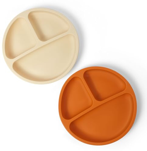 Aolso Plato de Silicona Con Ventosa Antideslizante,Pack 2 platos de Silicona para Bebé,Ventosa para Bebé Plato Antivuelco para Niños,BPA Free-Marrón rojizo/Beige