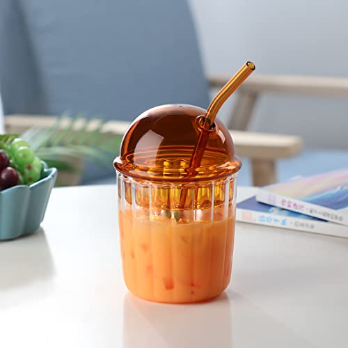 TITA-DONG Joli Verres à Boire avec Couvercle en Dôme en Verre et Paille, Tasses à Smoothie Réutilisables à Large Bouche 15 Oz Tasse à Café Glacée en Verre Gobelet Tasse à Thé à Bulles en Verre(Brun)