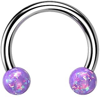 Piercingfaktor Piercing Hufeisen Horseshoe Septum Lippenpiercing Nasenpiercing Augenbrauenpiercing Ohrpiercing Helix Tragus Labret mit Opal Kugeln Silber Lila 1,2mm x 10mm x 4mm