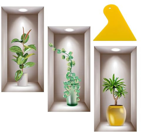 Lot de 3 stickers muraux de salon avec 1 grattoir, autocollants muraux tridimensionnels de plantes en pot, autocollants de décoration murale, peinture murale de vase de plantes