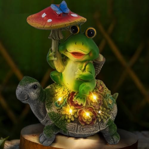 VOHESEA Solar Frosch Reiten Schildkröte Figuren Gartendeko für Draußen, Gartenfiguren mit Sukkulenten und 7 LED Leuchten, Gartenstatuen Balkon/Terrasse/Rasen/Zimmer Deko, Mama/Frauen