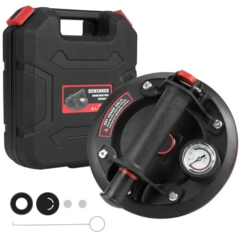 DEWINNER Vuoto Ventose, Ventose per Vetro con manometro, Ventose per Piastrelle con Cassetta Attrezzi Portatile Portata 300kg, per il Sollevamento e la movimentazione di Materiali come Vetro