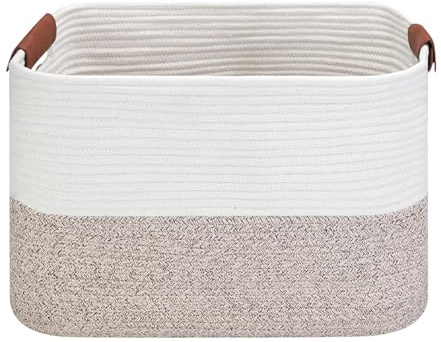 Großer Aufbewahrungskorb aus Baumwollseil mit Ledergriffen, Wäschekorb, 50,8 x 35,6 x 30,5 cm, langlebiger und stilvoller Organizer für Zuhause. (Weiß & Braun, L (50,8 x 35,6 x 30,5 cm))