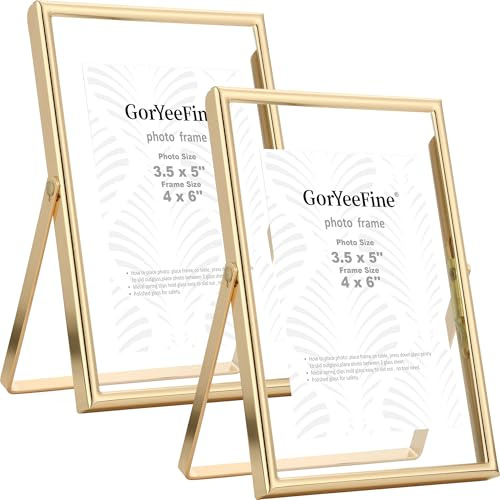 GorYeeFine Gold 4x6 Floating Frame 2pack for picture(2x3'',3.5x5''),Adjustable Tabletop/Shelf floating Photo Frame 2x3'',Classy Metal Gift Frames for Wedding,Christmas,Birthady,Home or Office Decor.