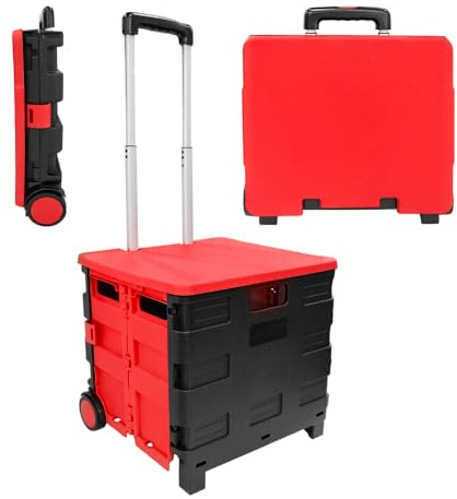 Berry Carro de la compra plegable de 40 kg, rojo y negro, carrito de plástico con 2 ruedas y tapa, carrito portátil con mango telescópico, carrito multiusos para compras, profesores, lavandería
