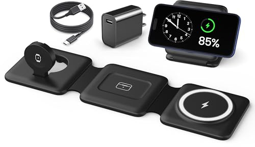 Magnetic Wireless Charger for iPhone: Fodable 3 in 1 Charging Station for Multiple Apple Devices - Travel Charging Pad Dock for Apple Watch iPhone 17 16 15 14 13 12 Pro Max Plus & Airpod