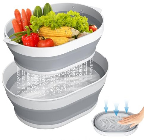 2 in 1 Collapsible Sink Basin - 5.3 QT Foldable Fruit Washing Bowl with Strainer - Silicone Collapsible Colander for Kitchen Organization RV Camping