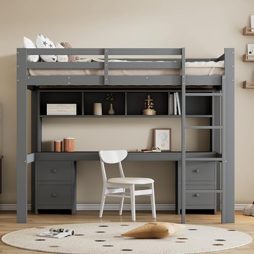 MSMOK Cama alta de 90 x 200 cm, cunas, cama superior, mesa inferior, gran espacio de almacenamiento, barandilla alta, escalera estable (gris)