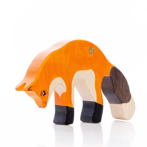 Lilu® Fuchs Rüde mit leuchtendem Herz, Wald Holztiere handbemalt, Holzfigur Spielfigur Tiere aus FSC®-Holz, EN71 und DEKRA Zertifiziert - 13cm x 8,4cm x 2,4cm