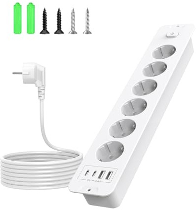 enchufe USB, enchufe múltiple de 6 retráctiles, mesa, empotrable cocina, 2 m, mesa conferencias, encimera, sofá (blanco, 6