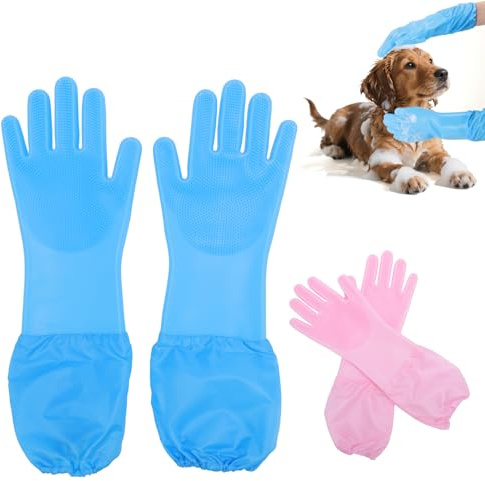 ZESTEFY 2 guantes para el cuidado de perros, Förlängda massagehandskar i silicona para gatos y perros – Cuidado del pelaje, depilación, baño con colgable y multifuncional (rosa y azul)