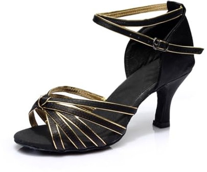 Hixingo Tanzschuhe Damen Latein 5cm Latein Tanzschuhe für Damen High Heels Riemchenpumps Spangenpumps Elegante Sandalen Schuhe Salsa für Cha-Cha Ballroom Cocktail-Partys (Schwarz Gold,37)