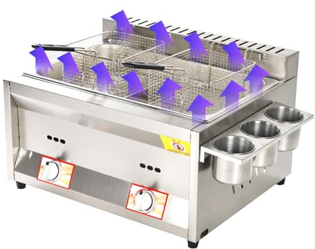 Kommerzielle Arbeitsplatte Gas Fritteuse Doppeltanks mit 2 Korb und Deckel, Edelstahl LPG Friteuse, einstellbare Feuerkraft, für Pommes, Zuhause, Küche, Restaurant