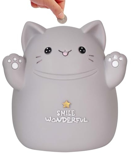 Kreative Katzen Spardose – Niedliches Sparschwein aus Kunstharz, Große Kapazität, Originelle Deko & Geschenkidee für Kinder & Erwachsene zu Geburtstag, Einschulung Weihnachten (Grau, 15×13×11 cm)
