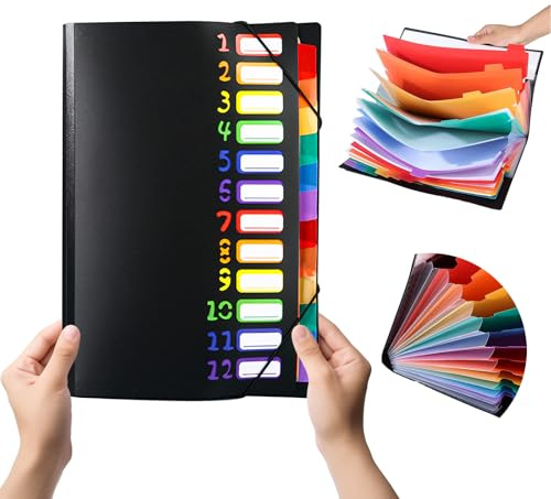 Fächermappe A4 mit 12 Fächern und 24 Taschen – Wasserdichte Dokumentenmappe mit bunten Registern, Ordnungsmappe für Schule & Büro (Schwarz)