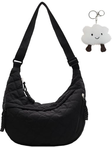 Micmores Crossbody Bag Damen Umhängetasche, Nylon Schultertasche Moon Bag Stylische Halbmond Tasche mit verstellbarer Schultergurt, Hobo Casual Handtasche (Schwarz-Stepptasche)