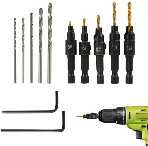 Countersink Drill Bit Set, 5Pcs Quick Change 1/4 Hex Shank Shank - Includes Adjustable Countersink, 5 Replaceable Drill Bits, and Hex Wrench, for Woodworking and DIY Projects