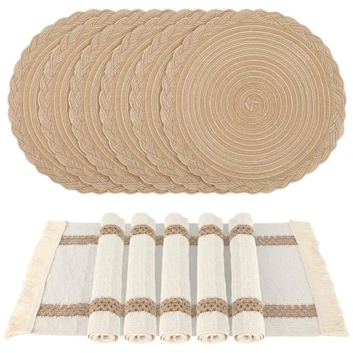 Boho Deko Tischset 6er Set Handgefertigte Gewebte Platzset Rund und Rechteckig Rustikale Makramee Tischsets,Hitzebeständige Geflochtene Platzsets,Esstisch Deko für Bauernhochzeiten,Küche