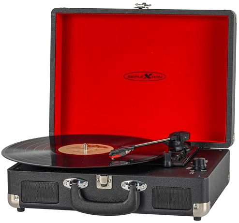Reflexion HIF1979BT Retro Plattenspieler mit Bluetooth 5.1, MP3-Aufnahme auf USB, Lautsprecher, AUX, 3 Geschwindigkeiten, tragbarer Koffer-Turntable in Holzoptik mit Leder-Design