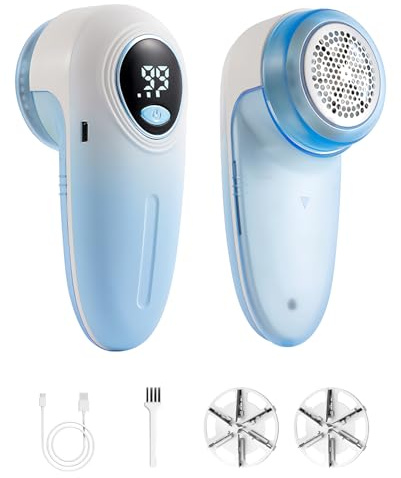 Lint Remover Fabric Shaver, Rechargeable Electric Defuzzer with 6-Leaf Blades, LED Display & 3-Speed Adjustment, Portable Bobble Remover for Clothes, Sweaters, Sofa, Carpet, Furniture
