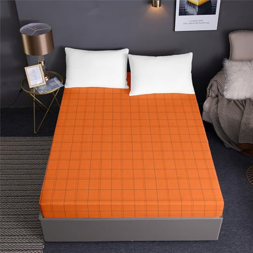 Treer Sabana Bajera Ajustable, Sábana Bajera con Bordes Elásticos Verano Suave Transpirable Bolsillo Profundo Altura 30 cm Todo el Año (A Cuadros de Naranja,120 * 200cm)