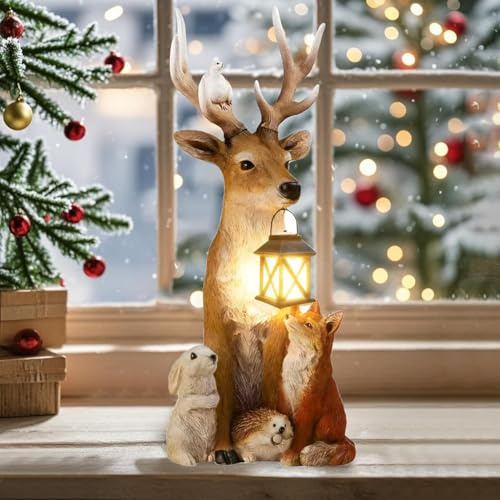 ZeiLaBang Kakadi Weihnachtsdeko Hirsch Mit LED Laterne, Gartenfiguren aus Kunstharz, LED Hirsch Tierskulptur, Weihnachten Hirsch für Außen mit Laterne