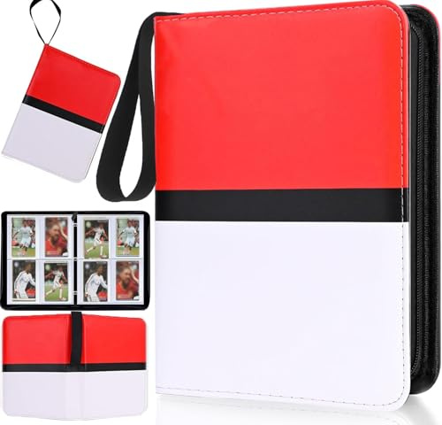Card Binder 4 Pocket, 400 Pockets Trading Card Collection Folder with 50 Removable Sleeves, Portable Zipper Cards Holder Album for Football, Sports Cards (Red)